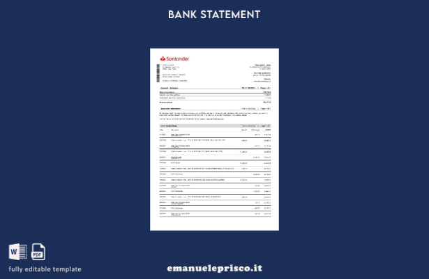 modello word di estratto conto bancario della carta di debito Spagna Santander i